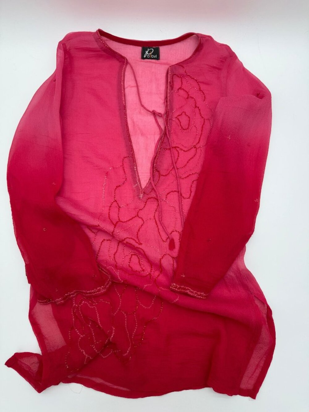 Pink Sheer Beaded Blouse Romantic Detail Size Small - NWOT